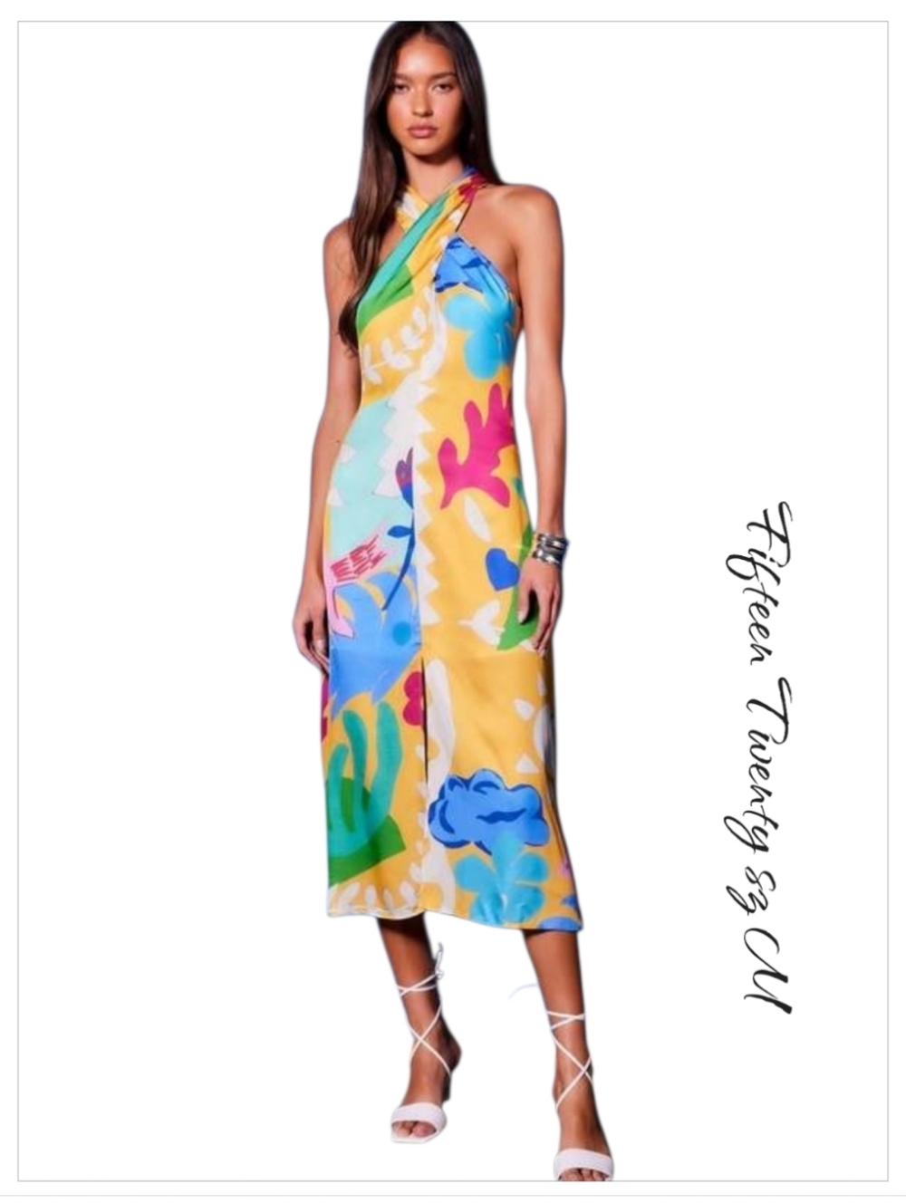 Fifteen Twenty Ivy Floral Halter Midi Dress Yellow Tropical Wedding Guest M